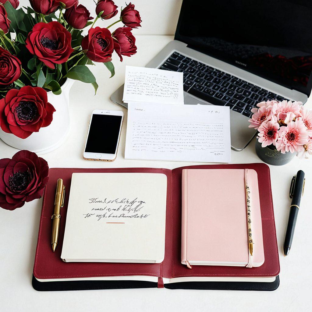 A beautifully arranged digital workspace, featuring a soft, open notebook with elegant handwritten notes about sexuality and relationships. Surrounding the notebook, scattered delicate flowers symbolize intimacy and passion, with a warm, inviting light illuminating the scene. Incorporate subtle hints of technology, like a modern laptop and smartphone, to signify the digital nature of blogging. The overall color palette should be rich and sensual, with deep reds and soft pastels enhancing the mood. super-realistic. vibrant colors. soft lighting.