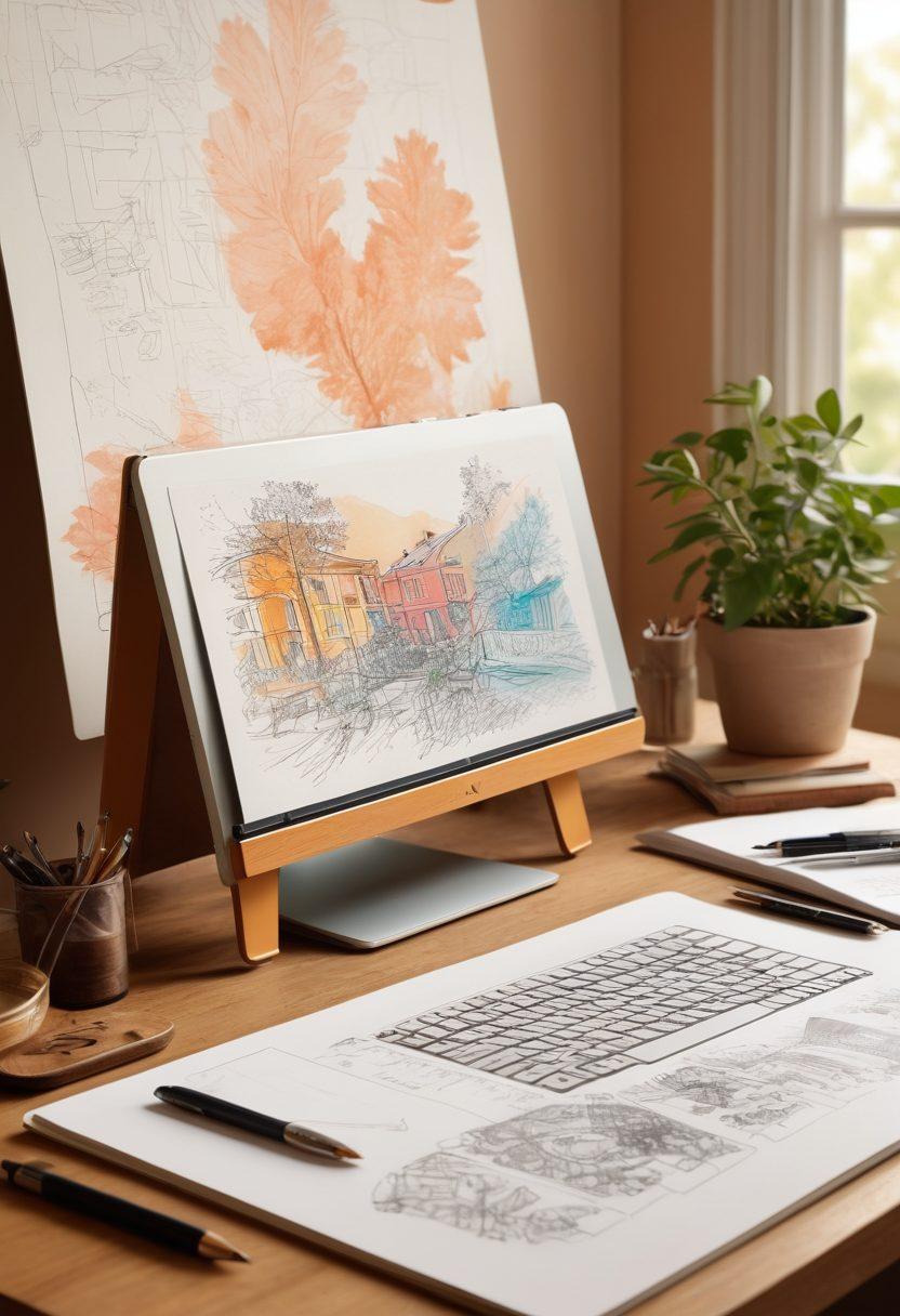 A beautifully designed digital workspace showcasing a vibrant graphic tablet, colorful sketches, and impactful imagery on the screen, adorned with soft lighting to create an intimate atmosphere. Incorporate elements of sensuality through warm color tones and subtle textures, depicting a journey of creativity and design. Include hints of modern design tools and inspiration boards. painterly. warm colors. soft focus.